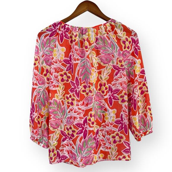 Ralph Lauren CHAPS Womens Blouse Top XS Sheer Chiffon Orange Pink Floral Popover - Picture 6 of 8